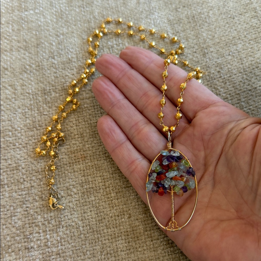 Gold Multicolor Gemstone Tree of Life Necklace